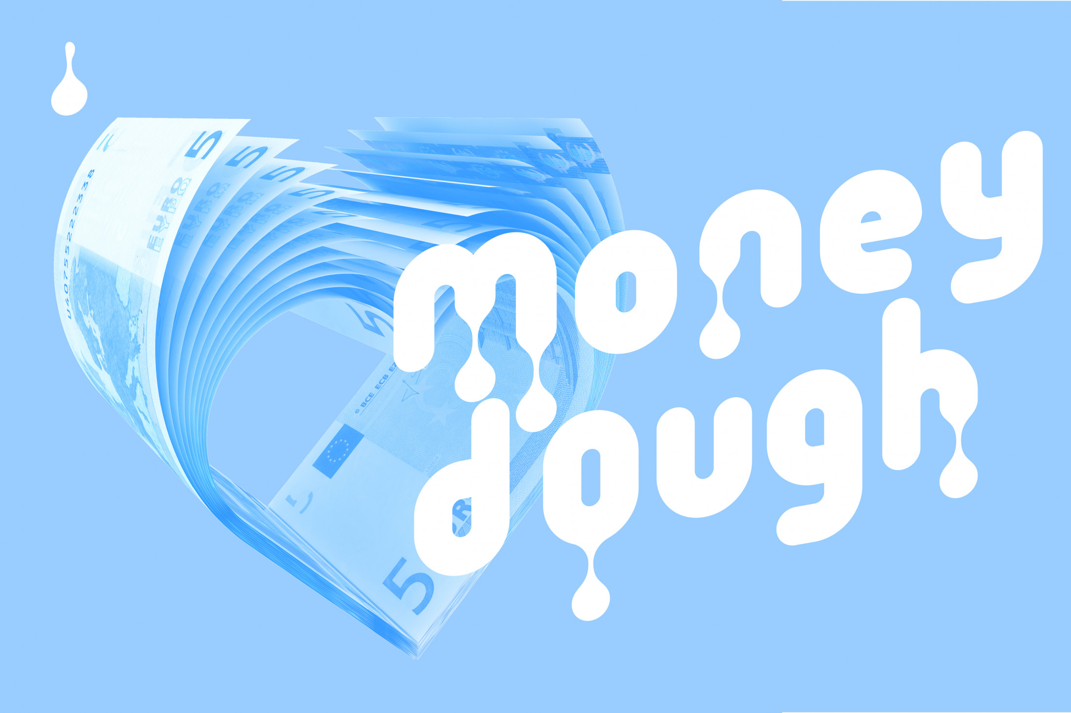 bluish graphic with banknote background, white lettering "moneydough"