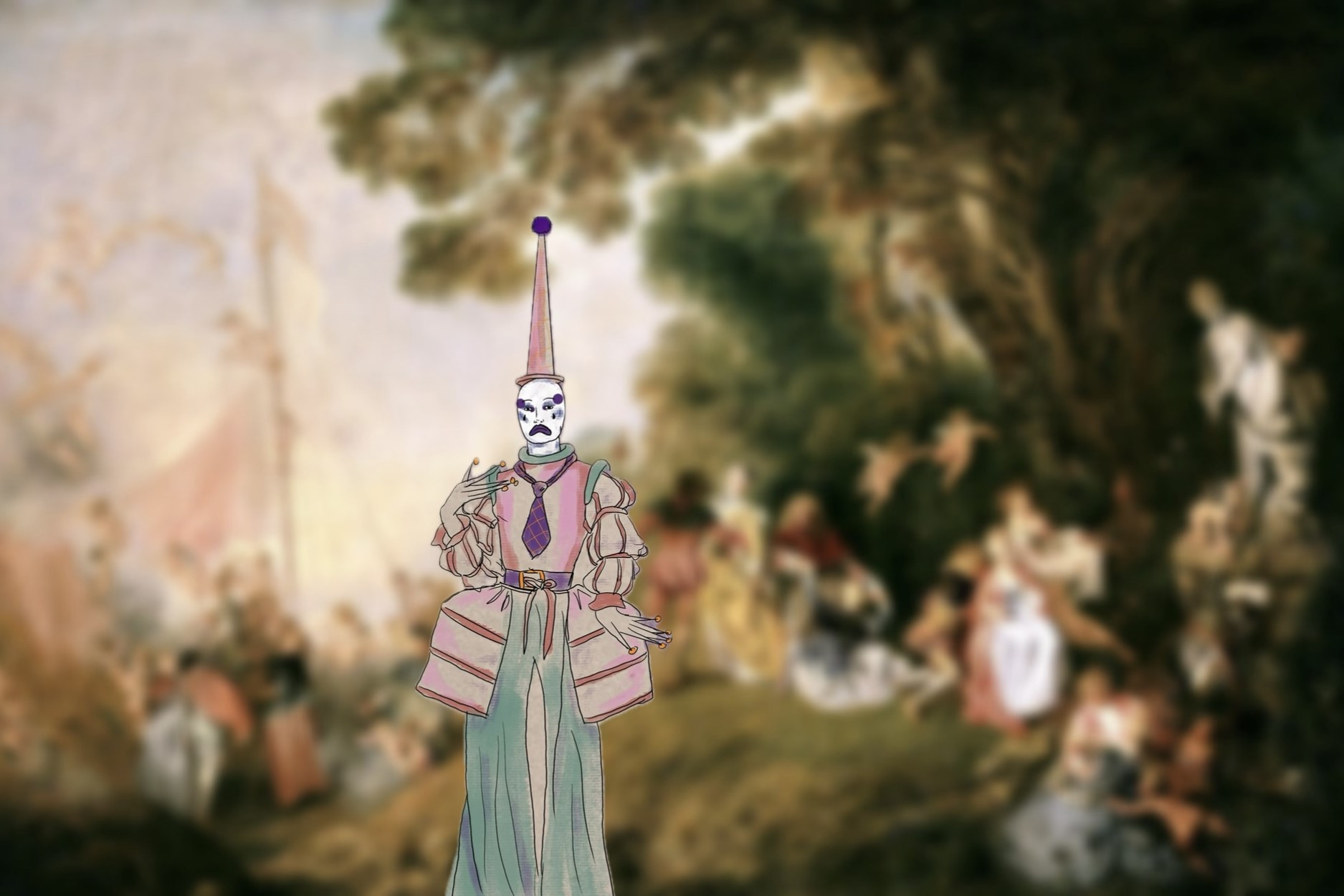 Drawing of a harlequin in front of a very blurred garden festival backdrop