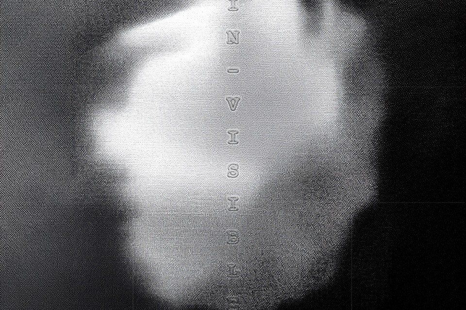 schwarz-weiße Grafik mit der senkrecht ausgerichteten Schrift "invisible"