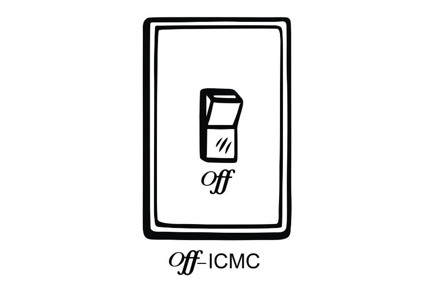 Logo der Off-ICMC; Lichtschalter mit Schriftzug "Off"