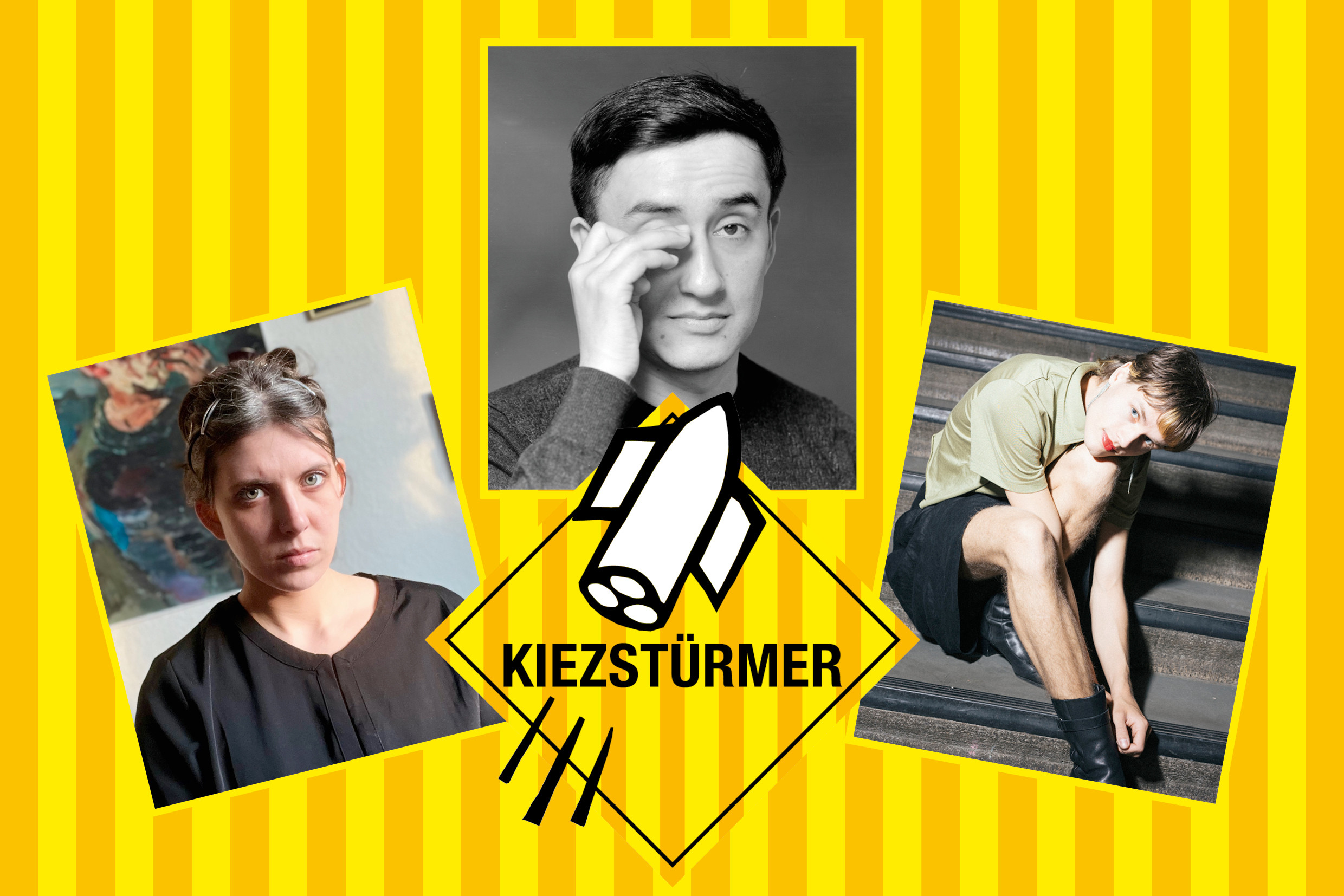 Collage of artist portraits on a yellow and orange striped background