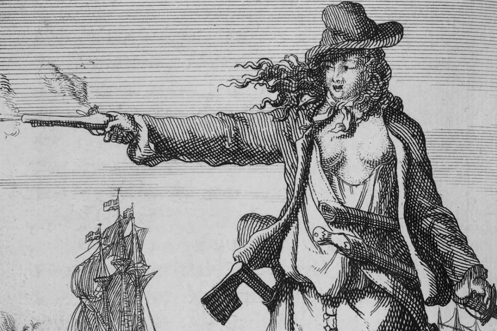 Zeichnung einer Person mit Revolver; im Hintergrund ein großes Schiff