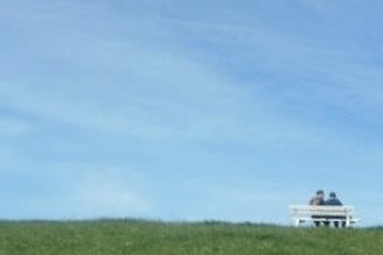 A blurry photo of a meadow, with a bench and two people sitting on it, seen from behind